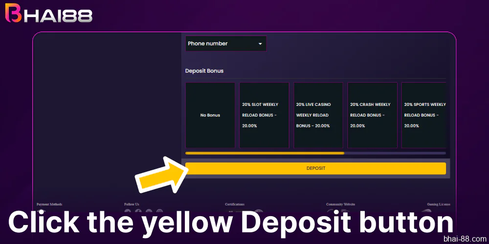 Click the yellow Deposit button on Bhai88
