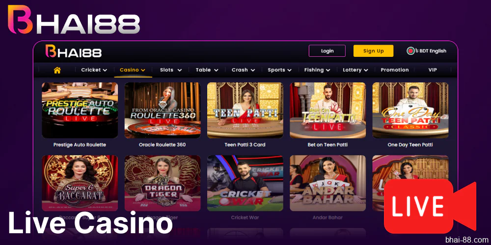Live casino games available on Bhai88 casino in Bangladesh