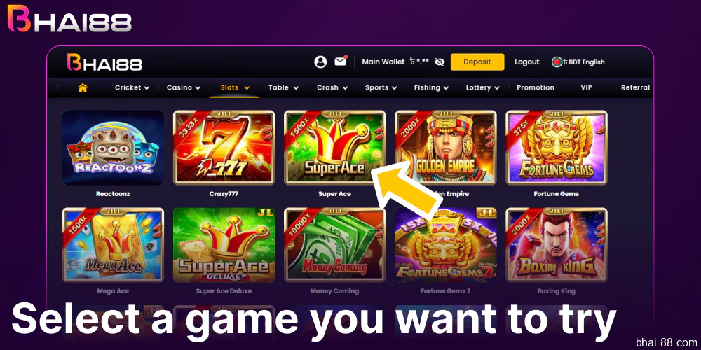 Select a game you want to try on Bhai88