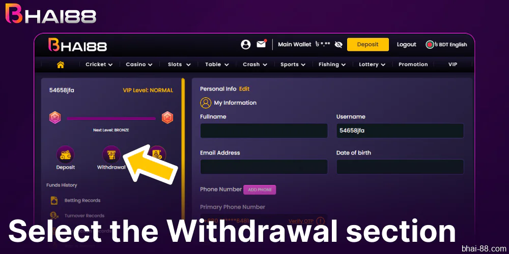 Select the Withdrawal section on Bhai88