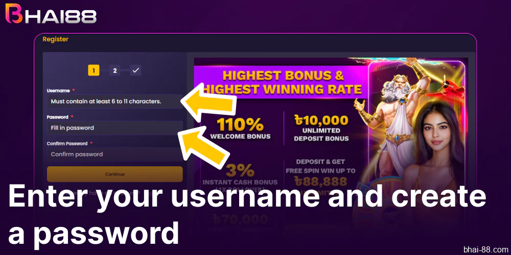 Enter your username and create a strong password on Bhai88