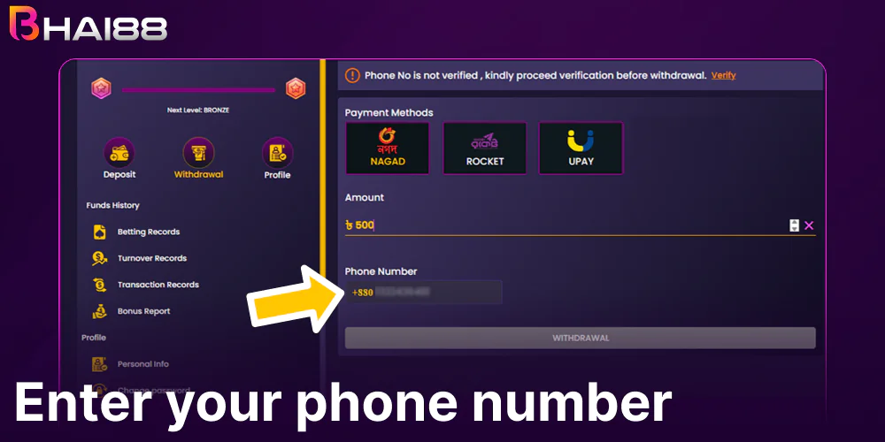 Enter your phone number on Bhai88