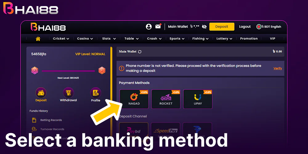 Select a banking method on Bhai88